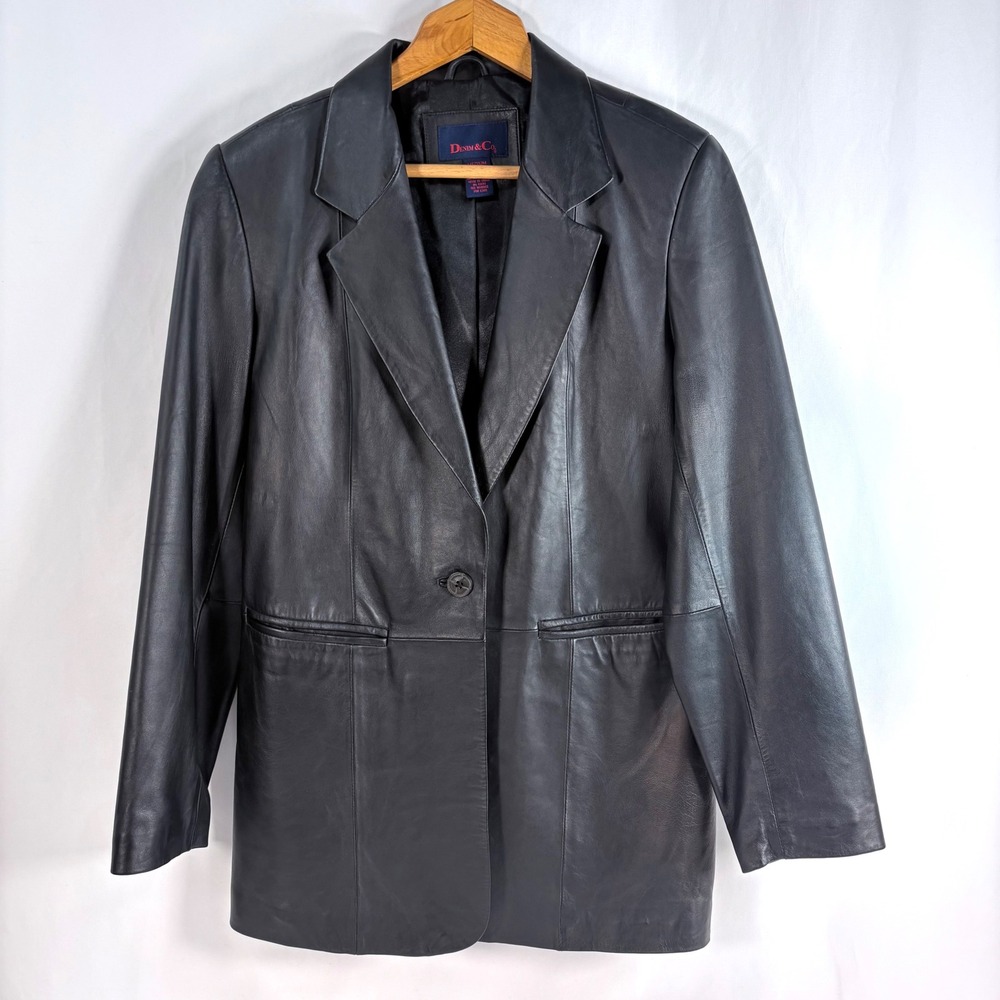 Denim & Co Leather Blazer Black Single Button Notched Lapel Jacket A103443